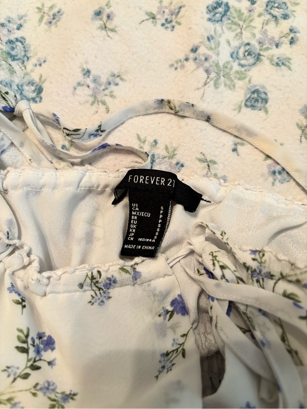 Forever 21 White Floral Tie-Shoulder Camisole with Blue and Green Print